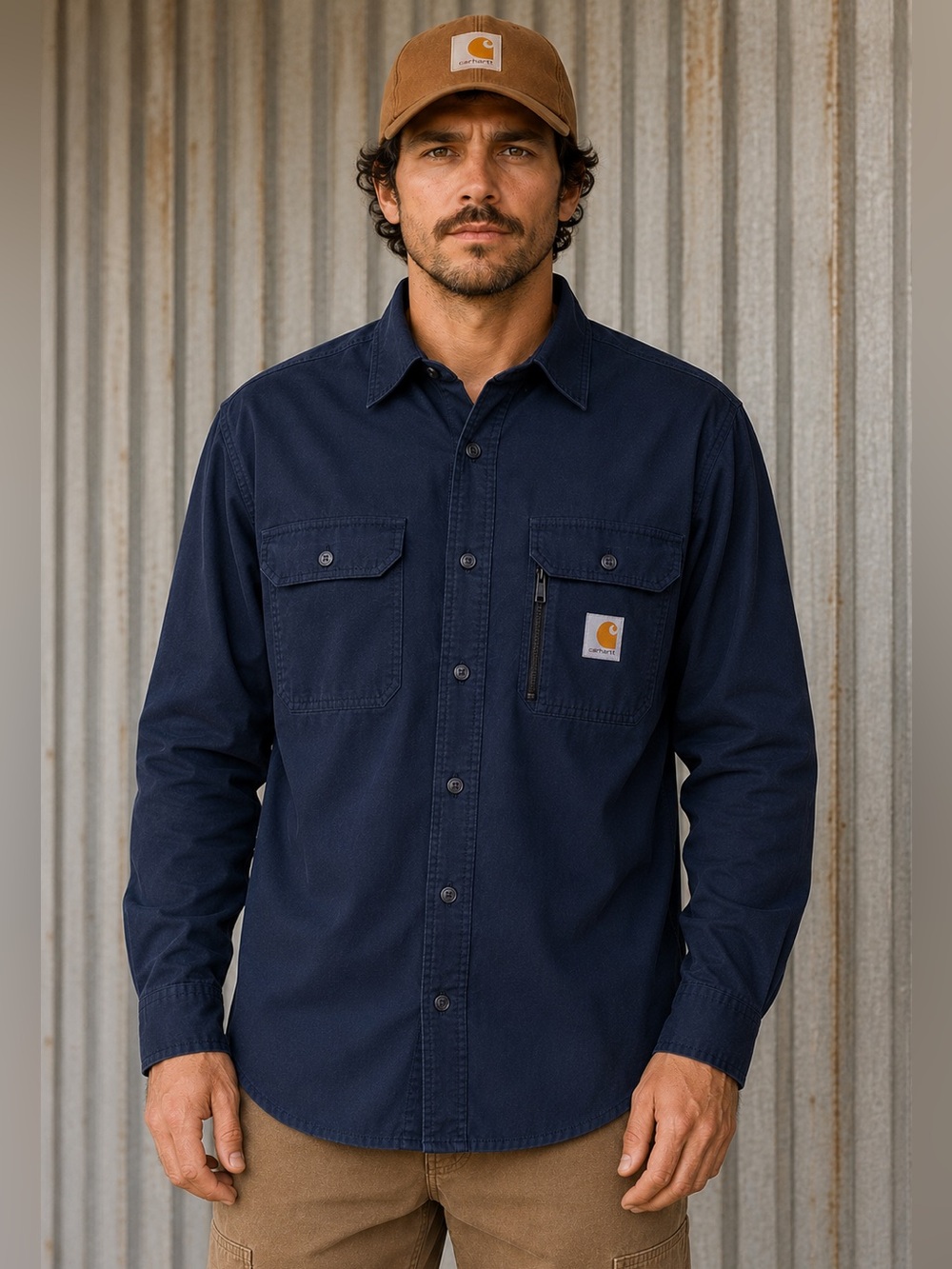 Carhartt Ripstop Long Sleeve Work Shirt Men’s Small Navy Button Front